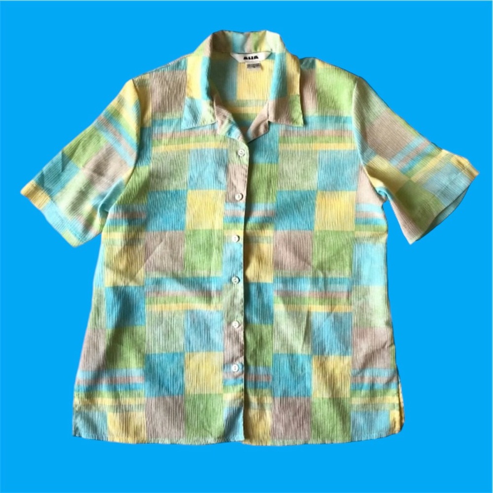 Vintage Alia Short Sleeve Button Down Textured Shirt Abstract Geometric Large